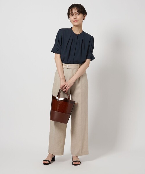 新品　グリーンレーベル　袖 タック ショート スリーブ ブラウス green label relaxing ブラウス シャツ バイカラー フロント