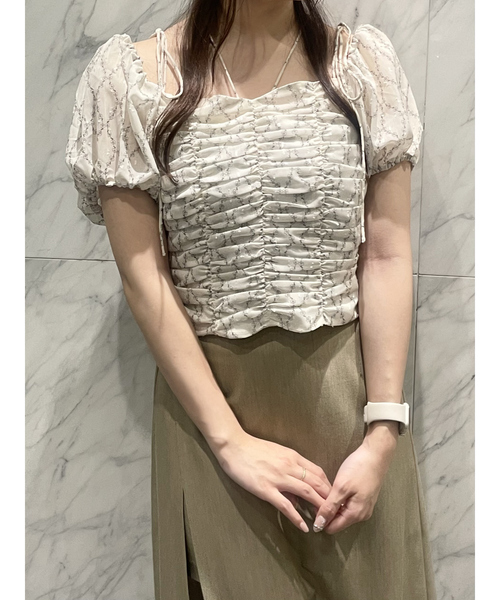 ブラウス シャツ 3WAYオフショルギャザーブラウス　夏服　リボン　プリント レディース
