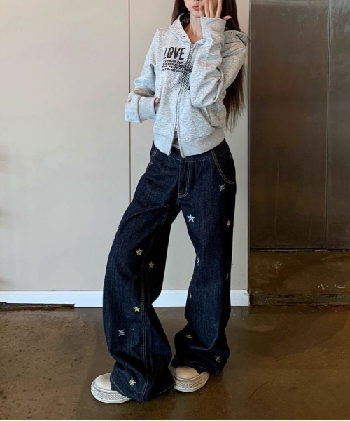 ViViDAY ワイドパンツ ジーンズ デニム デニムパンツ 星柄刺しゅう