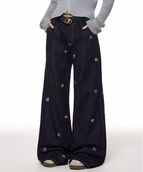 ViViDAY ワイドパンツ ジーンズ デニム デニムパンツ 星柄刺しゅう