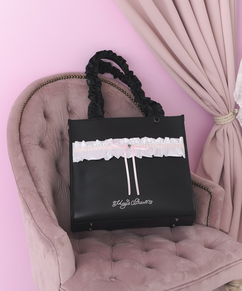 新品 Magia Charm リボンフリルトートバッグ ブラック 黒 推し活 Magia Charm（マギアチャーム） トートバッグ 「A4サイズ可 大容量