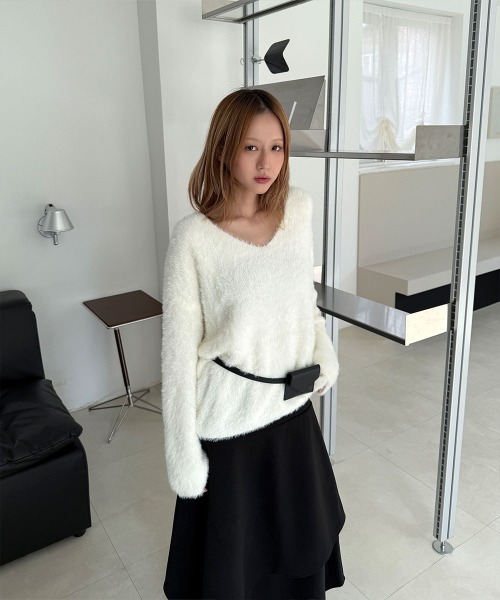 4INT. ニット セーター Vネック モヘア シャギー ニットトップス