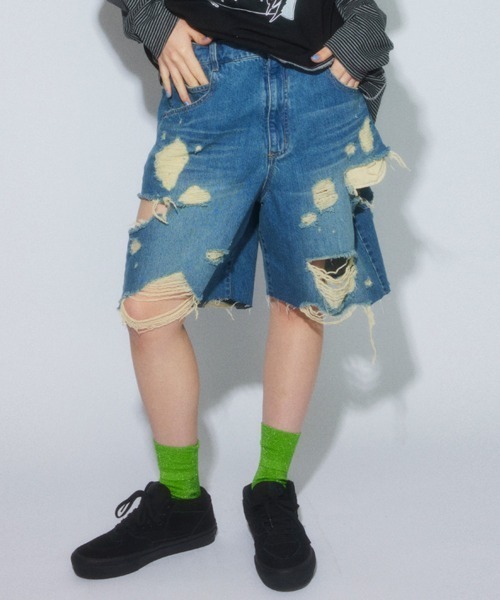 ハーフパンツ ジーンズ デニム デニムパンツ TATTERED LAYERED DENIM HALF パンツ レディース メンズの画像