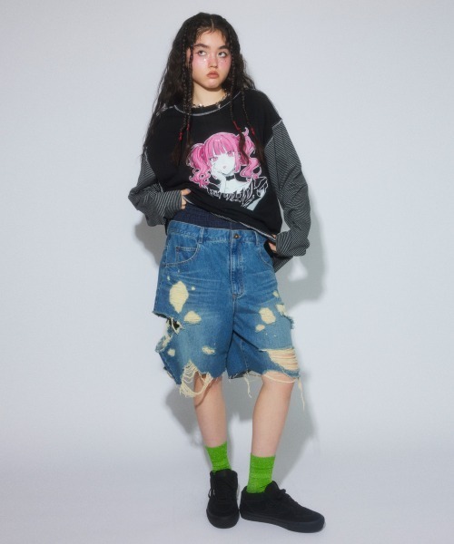 ハーフパンツ ジーンズ デニム デニムパンツ TATTERED LAYERED DENIM HALF パンツ レディース メンズの画像