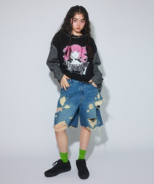 ハーフパンツ ジーンズ デニム デニムパンツ TATTERED LAYERED DENIM HALF パンツ レディース メンズの画像