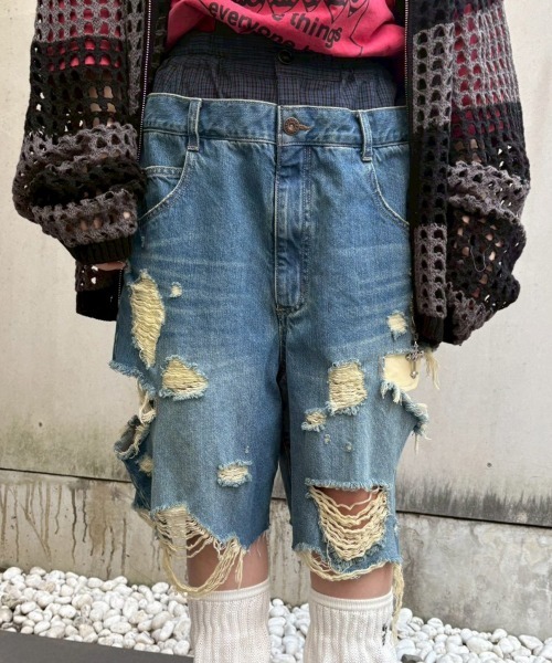 ハーフパンツ ジーンズ デニム デニムパンツ TATTERED LAYERED DENIM HALF パンツ レディース メンズの画像