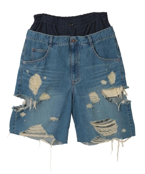 ハーフパンツ ジーンズ デニム デニムパンツ TATTERED LAYERED DENIM HALF パンツ レディース メンズの画像
