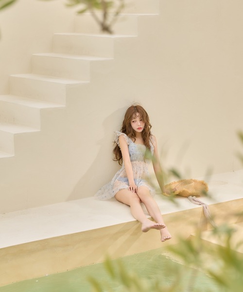 sugar nine 水着 チュール花柄トップス付きビキニ 3点セット「ビキニ