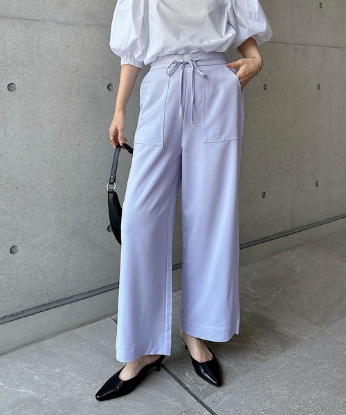 andme スラックス パンツ きれいめツイル美脚ウエストドロスト