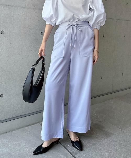 andme スラックス パンツ きれいめツイル美脚ウエストドロスト