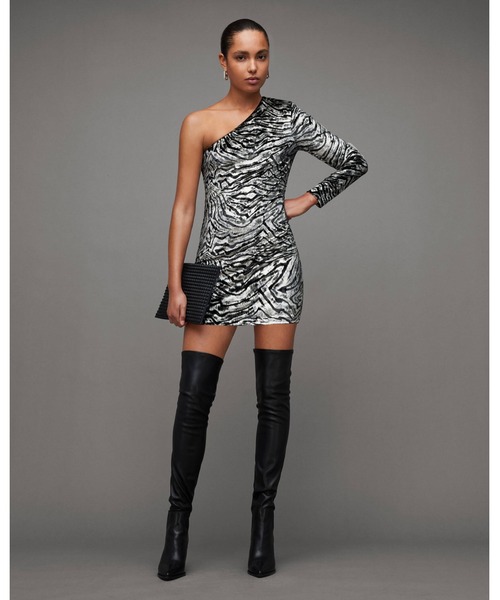 ALLSAINTS ワンピース DERI ONE SHOULDER ZEBRA PRINT MINI DRESS 