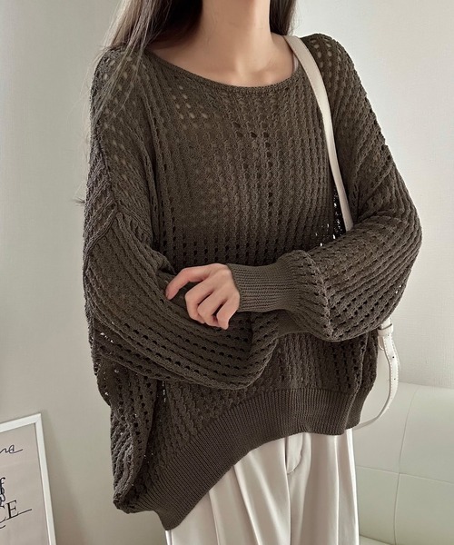 LAUIR ニット セーター ボートネックメッシュニット レディース