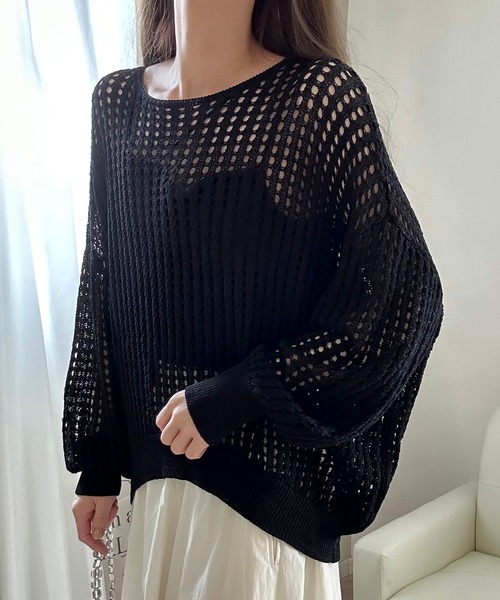 LAUIR ニット セーター ボートネックメッシュニット レディース
