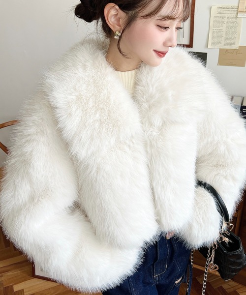 コート アウター ショート丈ビッグカラーフェイクファーブルゾン