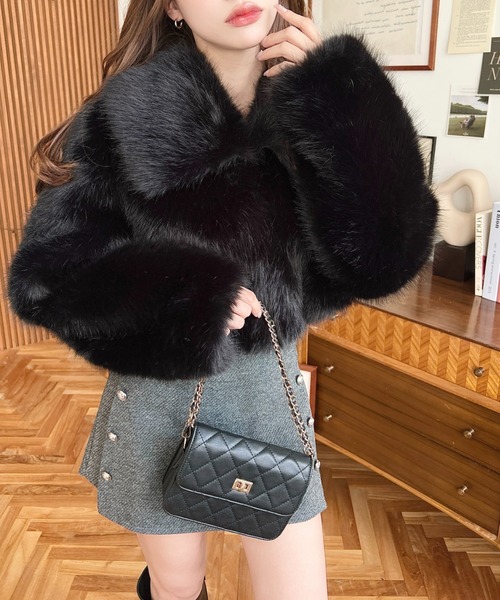 【新品】リエディ♡ジャケット ブルゾン ビッグカラーフェイクファーショートコート Re:EDIT（リエディ）の「ビッグカラーフェイクファーショート