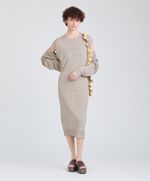 美品✨ハウスオブロータス リネン100 ギャザーワンピース 袖フリル ベージュ INED ファッション ハウスオブロータス リネン100% ギャザーワンピース