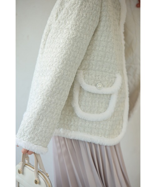 cawaii ジャケット ノーカラージャケット ファートリミングのツイード