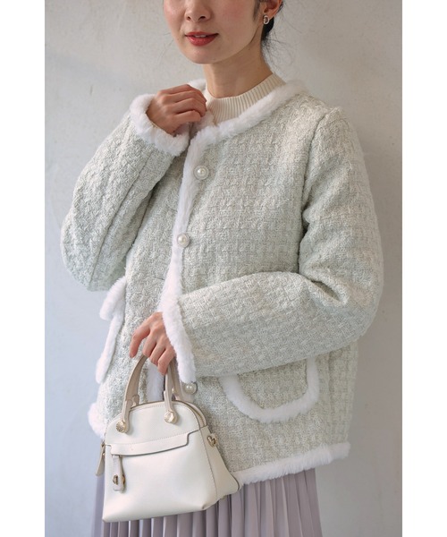 cawaii ジャケット ノーカラージャケット ファートリミングのツイード