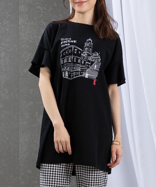 tシャツ 袖フリルイラストチュニック レディース