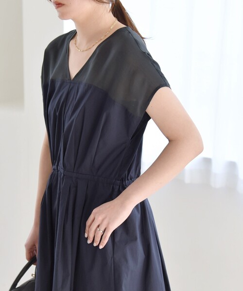 美品　アンタイトル　フレンチスリーブシアートップワンピース　44　ワールド日本製 PROPORTION BODY DRESSING ワンピース シアーチェックフレンチ