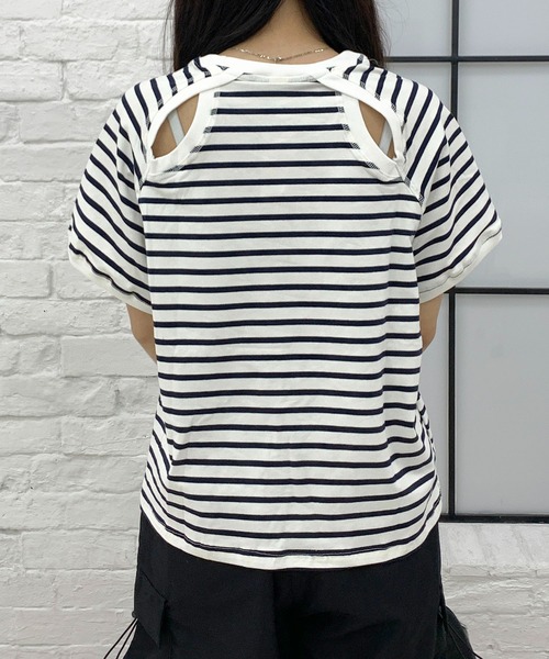 tシャツ 半袖 肌見せトップス バックデザイン 半袖ラグランボーダーT
