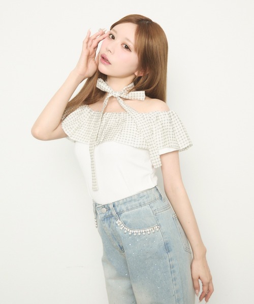 TITTY＆CO. tシャツ ギンガムフリルオフショルトップス半袖