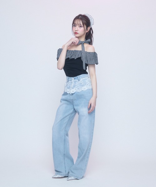 TITTY＆CO. tシャツ ギンガムフリルオフショルトップス半袖