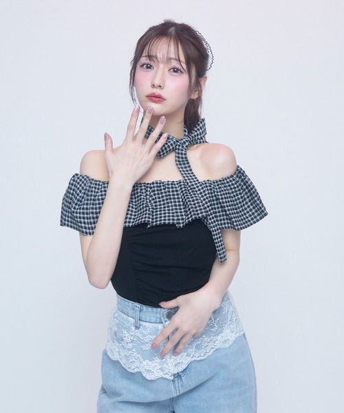 tシャツ レースフリルオフショルトップス レディース TITTY＆CO. tシャツ ギンガムフリルオフショルトップス半袖