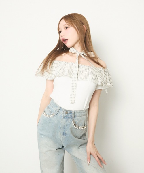 TITTY＆CO. tシャツ ギンガムフリルオフショルトップス半袖