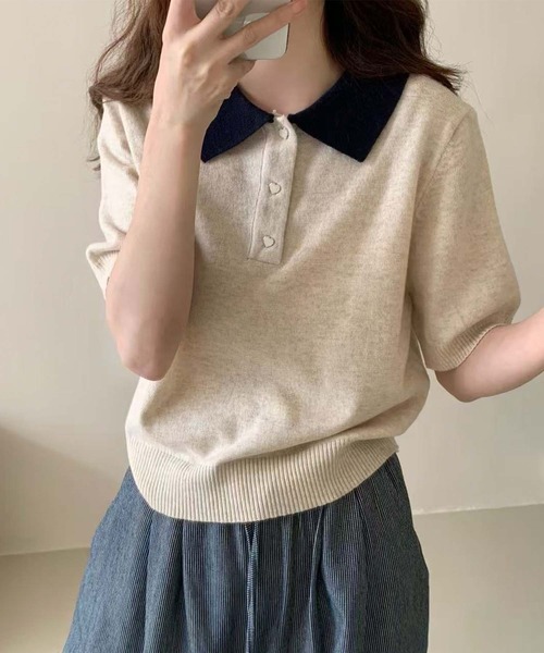 Girly Doll ニット セーター 配色ポロカラー半袖ニット