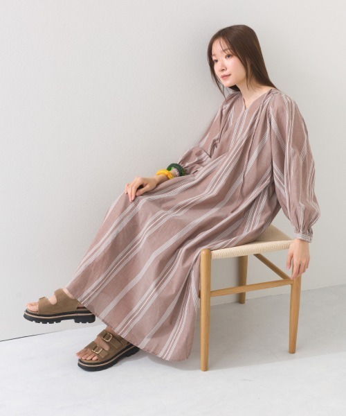 ＊美品.*ヌキテパ コットンボイル ストライプ スキッパー シャツ ワンピース OMNES（オムネス） ワンピース 夏 コットンボイルストライプスキッパー