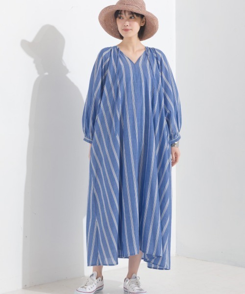 ＊美品.*ヌキテパ コットンボイル ストライプ スキッパー シャツ ワンピース OMNES（オムネス） ワンピース 夏 コットンボイルストライプスキッパー
