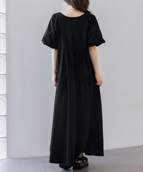 ワンピース レディース ぽわん袖ウエストギャザーティアードロング