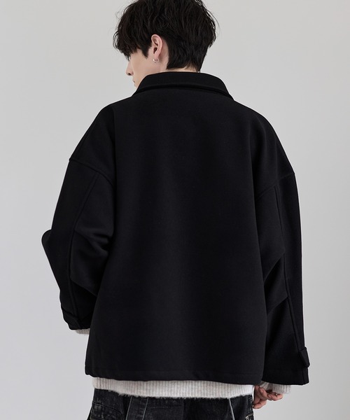 古着　メルトンウール　短丈ボンバージャケット　ラグラン　ブラック　M オーバーサイズ ウールテックメルトン ドルマンスリーブショート