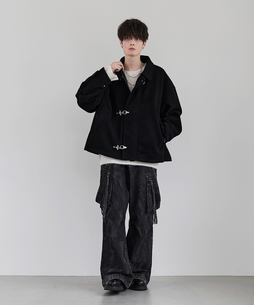 古着　メルトンウール　短丈ボンバージャケット　ラグラン　ブラック　M LILL（リル） ブルゾン アウター ショート丈メルトンファイヤーマン