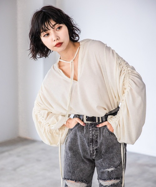 BY MALENE BIRGER プリーツ Vネック 長袖ブラウス ベージュベージュ V 