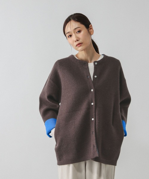 新品タグ付✨ボールジィ バイカラー配色 カーディガン ノーカラー モノトーン ANGIE（アンジー）の「ノーカラー 配色 ニットコート（カーディガン