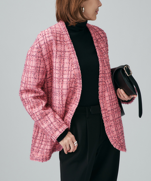 ひろ【フェンディ】 ノーカラージャケット ツイード イタリア製 ピンク 楽天市場】 ノーカラー アウター 春 ピンク ツイードジャケット 卒業式