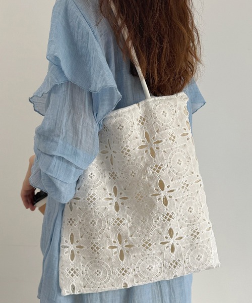 c.u.l トートバッグ A4収納可 クロシェ 刺繍 レーストートバッグ