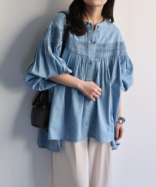 ap retro ブラウス シャツ 「India Fabric」ピンタックギャザーフレア