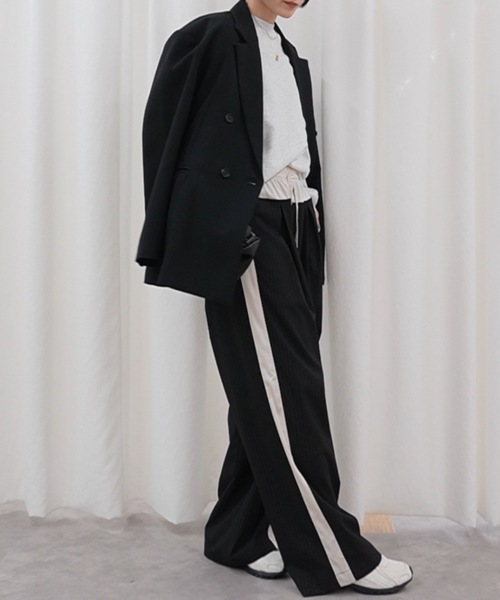 ワイドパンツ パンツ サイドラインストライプパンツ レディースの画像