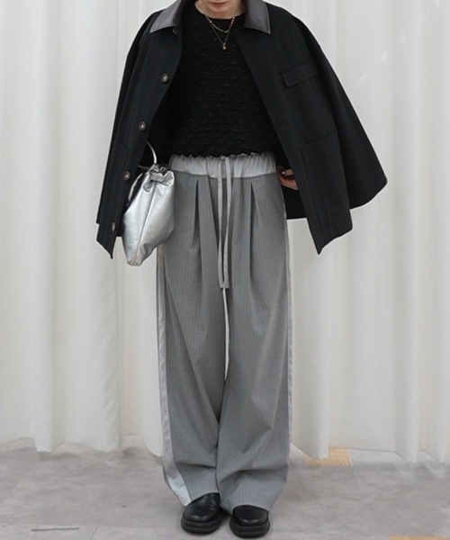 ワイドパンツ パンツ サイドラインストライプパンツ レディースの画像