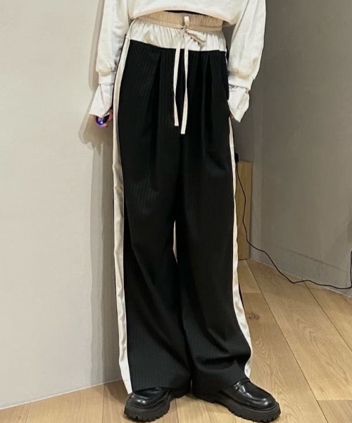 ワイドパンツ パンツ サイドラインストライプパンツ レディースの画像