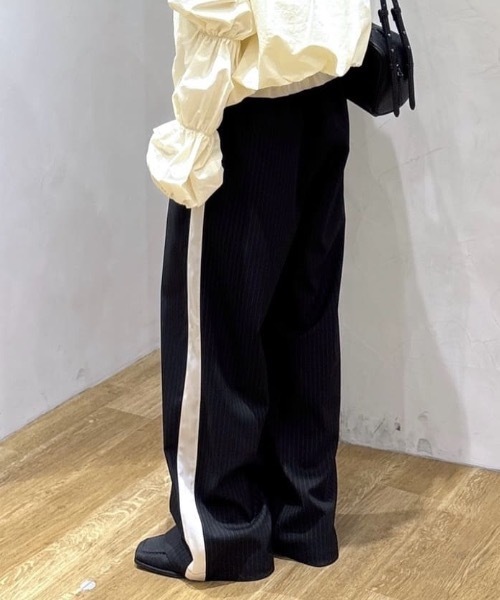 ワイドパンツ パンツ サイドラインストライプパンツ レディースの画像