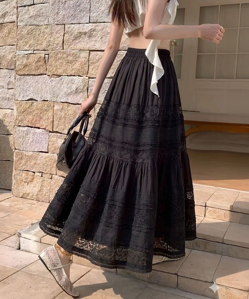 【美品】beautiful people ティアード ロングスカート SpRay（スプレイ） スカート ボイル切替ティアードロングスカート