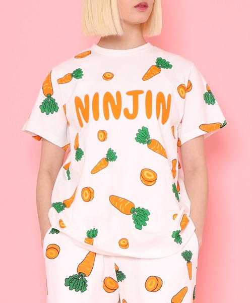 予約販売 PUNYUS tシャツ フード総柄Tシャツ(NINJIN・LEMON・EDAMAME トップス