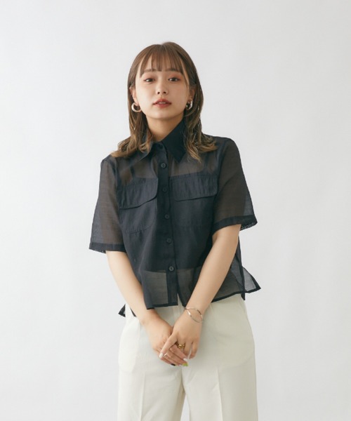 ブラウス シャツ 「接触冷感」ハーフスリーブシアーシャツ レディース IEDIT[イディット] 接触冷感素材が快適なシアーハーフスリーブ