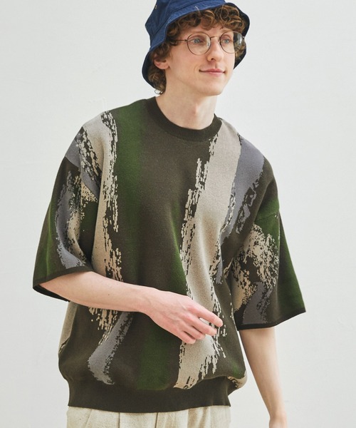 ニット イレギュラーストライプ ジャガード編みクルーネック半袖ニット EMMA CLOTHES 2023SS :73031900 ...