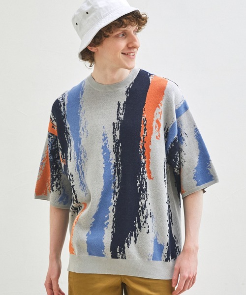 セーター ニット イレギュラーストライプ ジャガード編みクルーネック半袖ニット EMMA CLOTHES メンズ : 73031900 ...