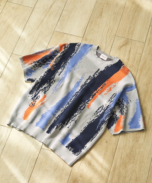 EMMA CLOTHES（エマクローズ） セーター ニット イレギュラーストライプ ジャガード編みクルーネック半袖ニット メンズ ...